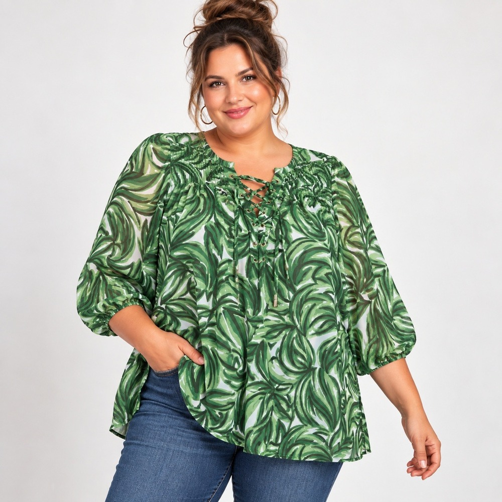 New Directions Curvy Blouse Women's 3X Green Tropical Leaf Smocked Lace Up Boho
